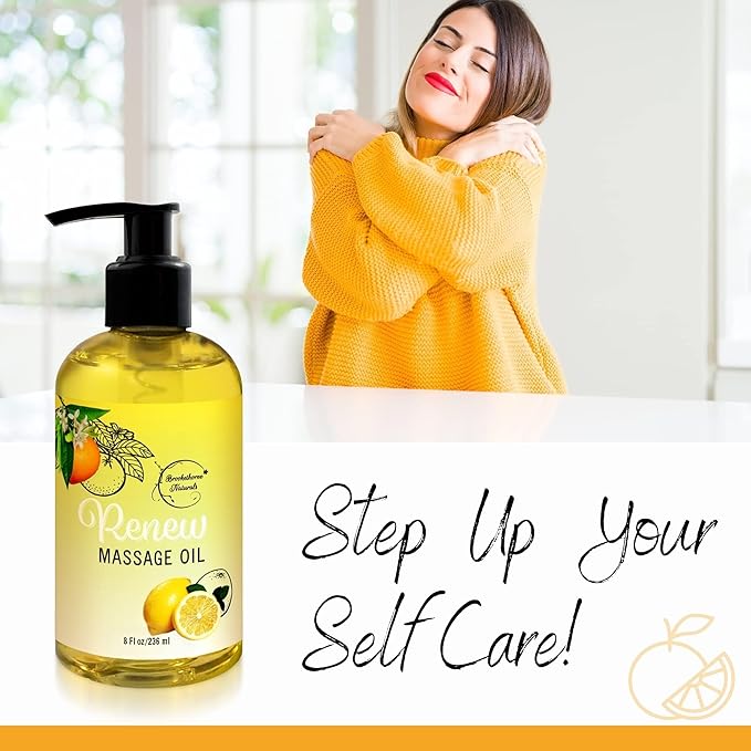 Renew Massage Oil with Orange, Lemon & Peppermint Essential Oils - Great for Massage Therapy or Home use. Ideal for Full Body – with Almond, Grapeseed & Jojoba – by Brookethorne Naturals