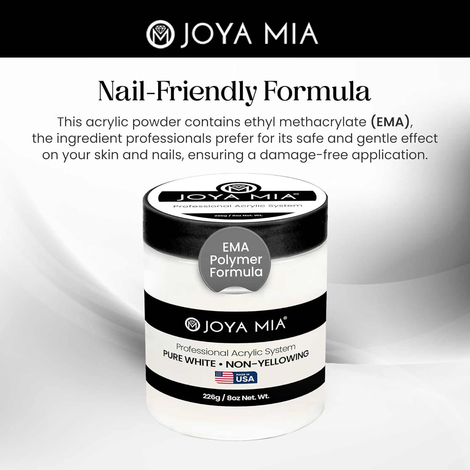 Joya Mia Acrylic Powder for Nails, MMA-Free, Super Adhesion Professional Powder for Flawless & Long-Lasting Nail Enhancements, Easy Application, Vibrant & Stunning Colors - Pure White, 8 oz