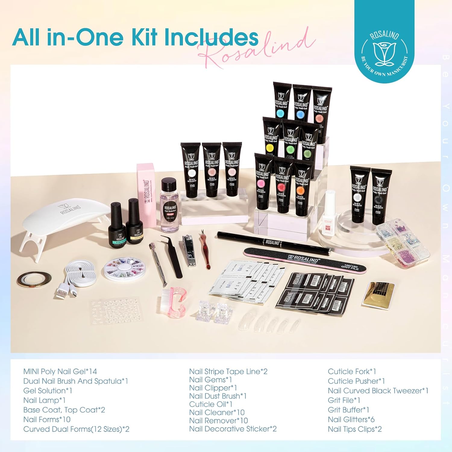ROSALIND Poly Nail Gel Colors Kit -14 Colors +72 Nail Art Accessories kit Poly Nails Gel Kit Starter Kit with Mini UV Lamp Slip Solution Poly Nail Art Tools for Beginners with Everything
