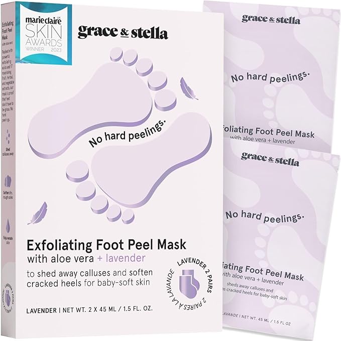 grace & stella Award-Winning Foot Peel Mask - Foot Peeling Mask with Aloe Vera - Moisturizing Foot Mask for Dry Cracked Feet - Foot Exfoliator for Baby Soft Feet (2 Pairs, Lavender)