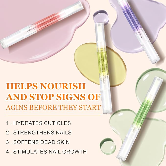 Meschett 4PCS Cuticle Oil Pens with Nail File for Nail Care, Nail Pen Oil with Natural Ingredients, Fingernails and Toenails Oil Cuticle for Repairing Cracked(Mix Flavors)