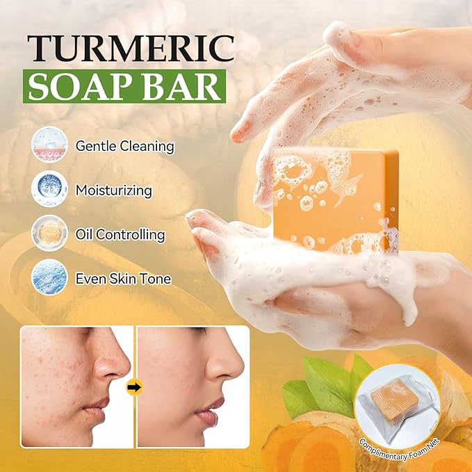 Turmeric Skin Care Set Even Skin Tone with Vitamin C, Skin Care Gift Set 4 In 1 Include Turmeric Soap Bar Turmeric Oil Turmeric Face Cream Turmeric Scrub, Face Moisturizer Skincare Set for Women