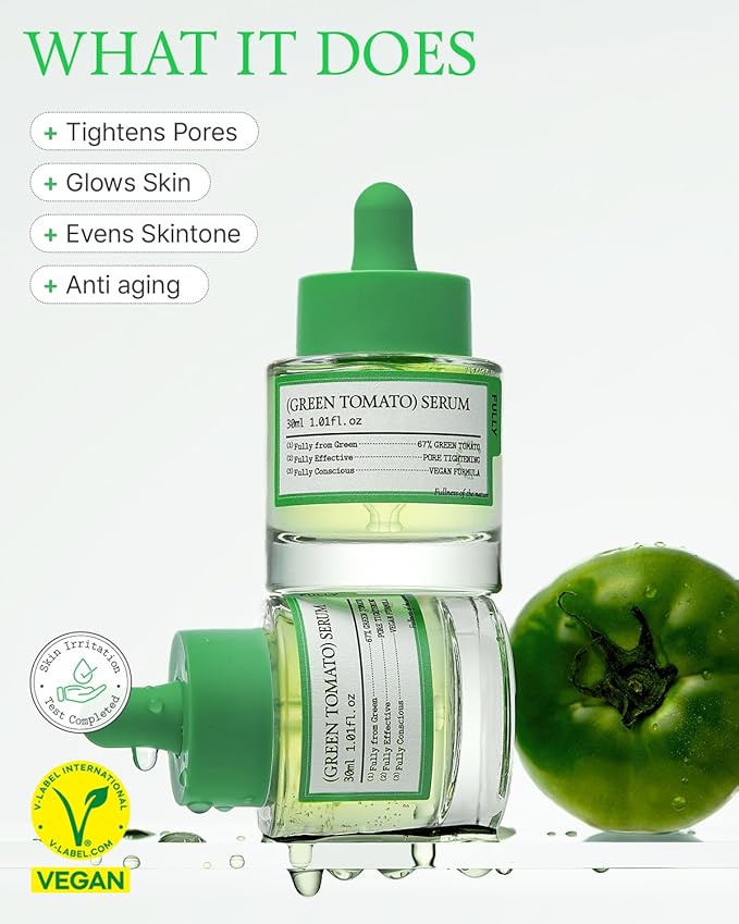 FULLY Green Tomato Serum, Pore Tightening with 67% Green Tomato Extract, Vit C and PHA, Elastcity Boosting and Skin Moisturization, Fragrance Free, Vegan & Dermatologically Tested, 1.01 fl.oz