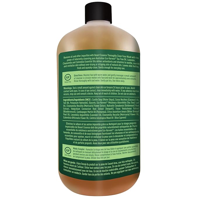 Desert Essence Thoroughly Clean Face Wash - Original - 32 Fl Oz - Pack of 2 -Tea Tree Oil -For Soft Radiant Skin - Gentle Cleanser - Extracts Of Goldenseal, Awapuhi, & Chamomile Essential Oils