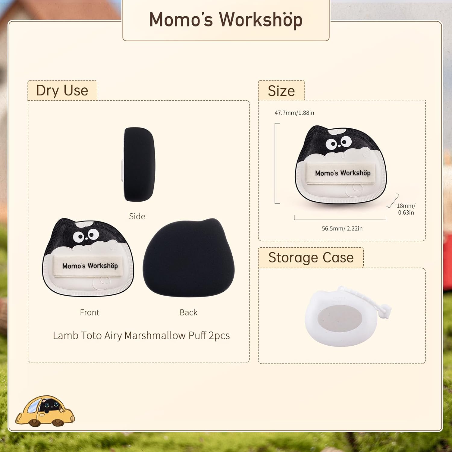 Lamb Toto Airy Marshmallow Puff,Makeup Sponge,Rubycell Material,Pointed Tip for Concealer + Flat Side for Foundation, Longwear Makeup, Travel Friendly & Reusable,2pcs Puffs & Storage Case