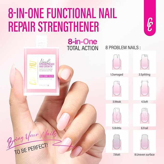 Nail Strengthener for Women: 8 in 1 Natural Nail Hardener Extra Strong and Growth - Pink Nail Polish Hardener Ridge Filler Concealer for Weak and Damaged Nails 15ml
