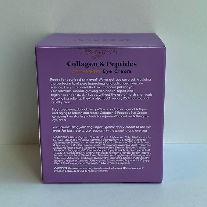 Envy Collagen & Peptides Eye Cream - Reduces Dark Circles, Puffiness & Wrinkles, Moisturizing, Anti-Aging, Rejuvenates, Dermatologist Tested, Cruelty-Free Korean Skin Care for All Skin Types - 1.01 Oz