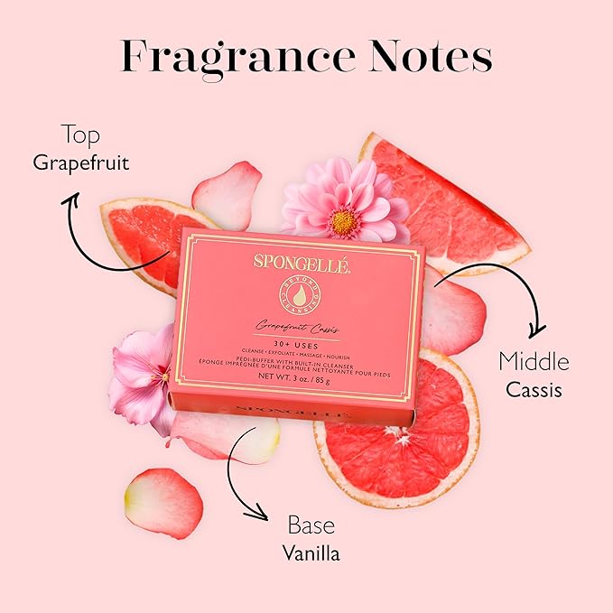 Spongelle Grapefruit Cassis Pedi Buffer| Foot Scrubber with Soap Infused Sponge | Pedicure at Home | Moisturize & Cleanse with our Exfoliating Sponge 30+ uses | Zesty Grapefruit, Cassis & Vanilla