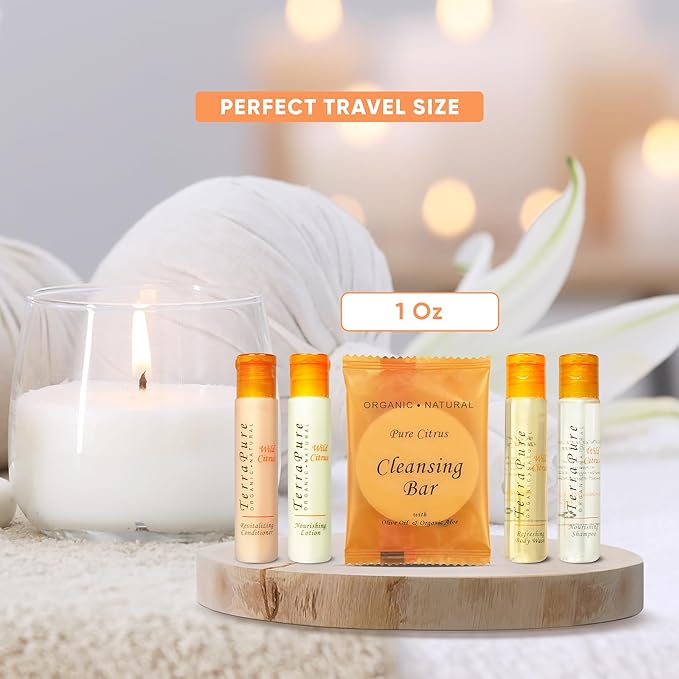 Terra Pure Wild Citrus Toiletries Set | 1-Shoppe Amenities Kit | 1oz Shampoo, Conditioner, Body Wash, Lotion, 1oz Bar Soap | 75 Pieces