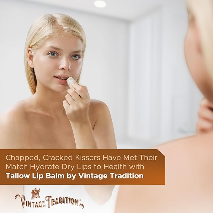 Vintage Tradition Moisturizing Beef Tallow Lip Balm – Tube Lip Moisturizer with Vanilla Extract Hydrates & Soothes Dry Lips – Grass-Fed Tallow Balm for Skin Care, 0.5 Fl. Oz.