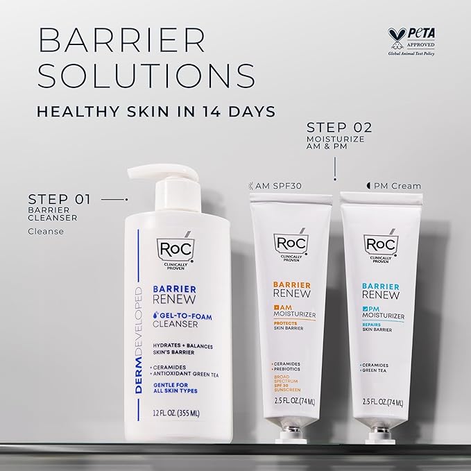 RoC Barrier Renew Night Moisturizer with Ceramides & Antioxidant Green Tea and Lipo Peptides to Renew Skin Barrier, (2.5 oz) with Retinol Eye Cream Packette