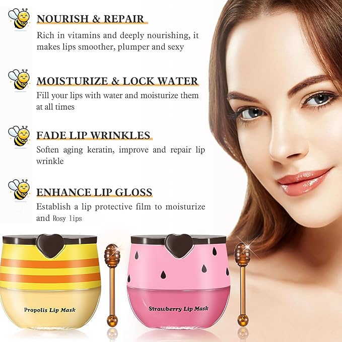 Bee Lip Balm Honey Pot, 6pcs Propolis Lip Mask Overnight Moisturizing Fruity Lip Balm with Stick, Hydrating Prevention Dry and Cracked Lip Scrubs Exfoliator Lip Care, Sleeping Lip Mask Hydrating (A#)