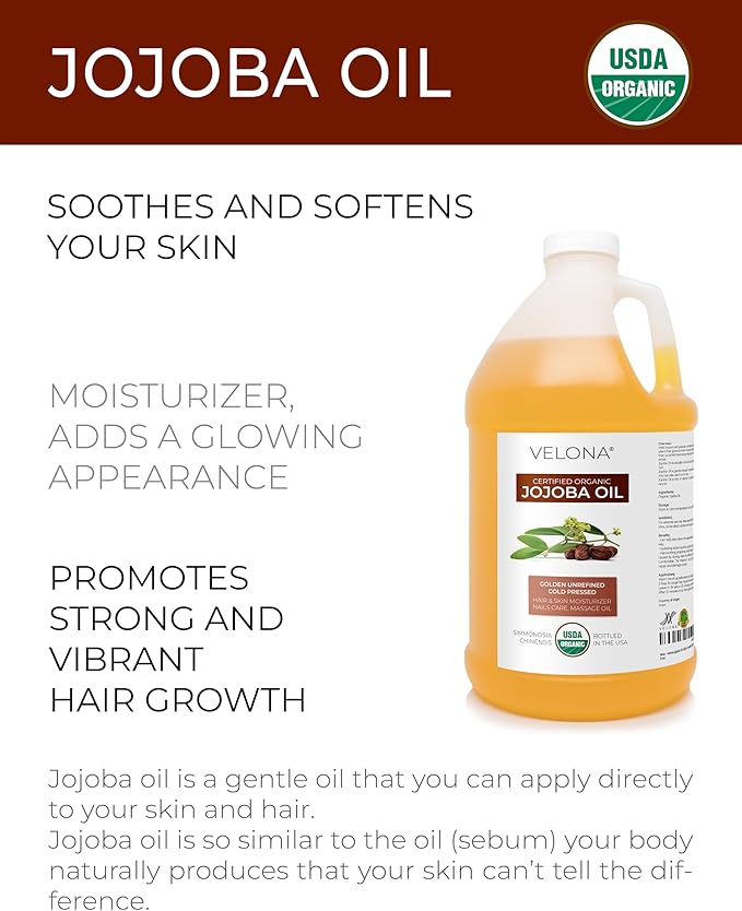 velona Jojoba Oil USDA Certified Organic - 64 Fl Oz | 100% Pure and Natural Carrier Oil| Golden, Unrefined, Cold Pressed, Hexane Free