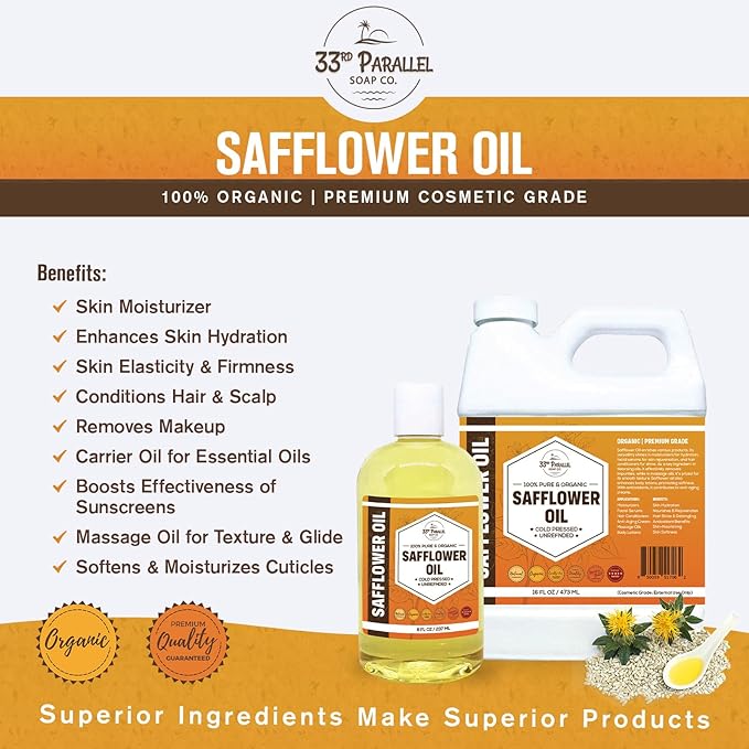 ORGANIC SAFFLOWER OIL (8 oz) Premium Cold Pressed Unrefined | 100% Pure Safflower Oil for Skin, Face, Hair, Soap Making | Carrier for Essential Oils | Available in Bulk | 8 FL OZ