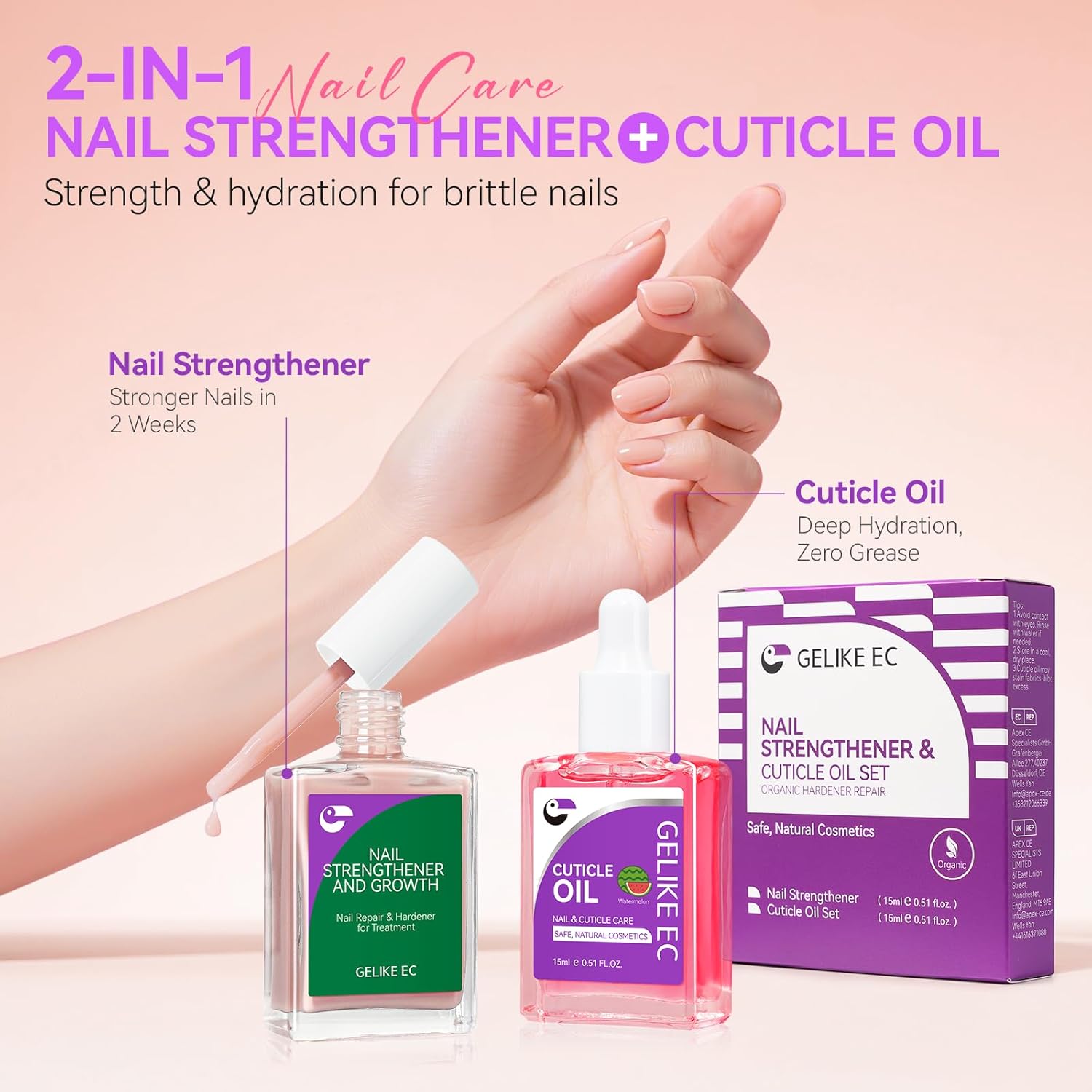 Gelike EC Professional Nail Care Kit: Nude Nail Strengthener and Growth & Watermelon Cuticle Oil (15ml) - Hydrating Protein Care for Dry Nails - Lightweight Non-Sticky - Perfect for Summer Manicures