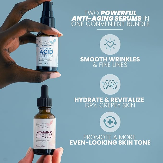 Eva Naturals Hydrate and Brighten Skincare Bundle - Includes Hyaluronic Acid Serum and 20% Vitamin C Serum - Restores Lost Moisture, Plumps Skin while Toning and Smoothing the Complexion