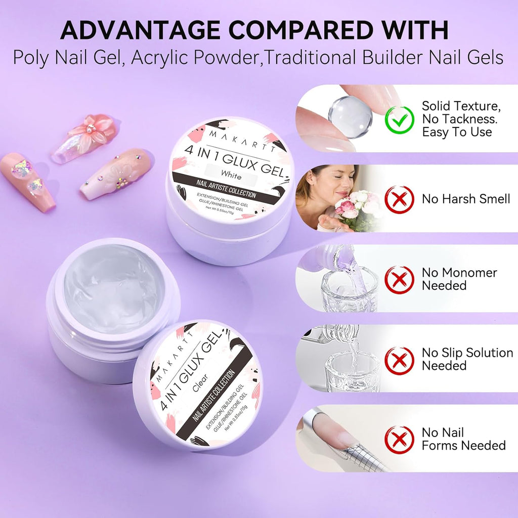 Makartt 3D Gel Nail Art for Nails Starter Kit: Clear and White for Extension Solid Gel Builder DIY Manicure, 3d Molding Hard Gels with Gold & Silver Chrome Powder Silicone Flower Molds Sculpture Brush