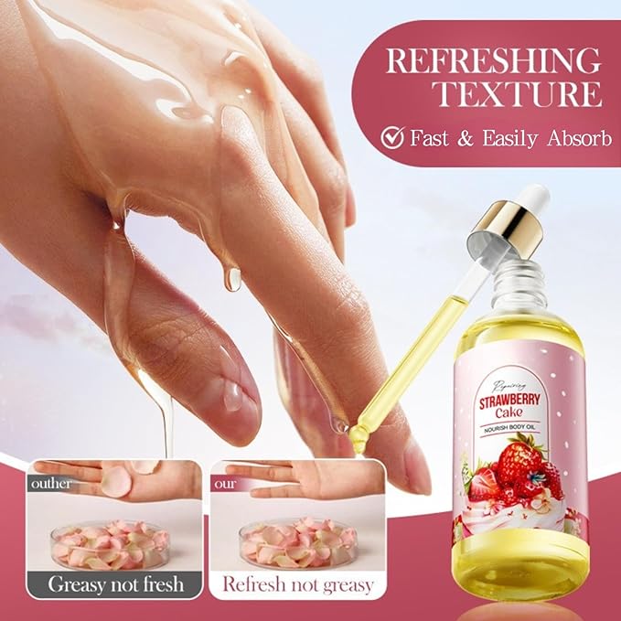 Strawberry Cake Body Oil Scented - Body Oils for Women After Shower - Massage Bath Oil for Dry Skin, Hydrating Nourishing, Tender Smooth, Pleasant Fragrance (100ml)