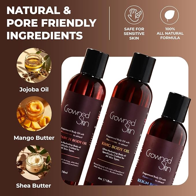 King, Reign, and Monarch Cologned Body Oil Bundle | Sensual, Nautical, & Spicy Scents | Infused with Organic Shea & Mango Butters | Moisturizing Formula with All-Day Fragrance