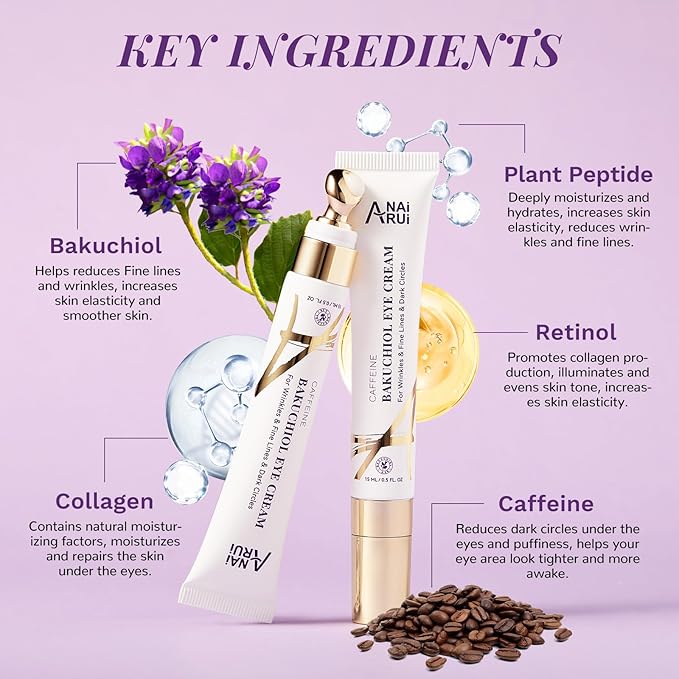 ANAI RUI Caffeine Bakuchiol Firming Eye Cream, Retinol & Peptide Eye Cream for Dark Circles, Puffiness, Wrinkles, Bakuchiol Alternative Retinol Eye Moisturizer for Under-Eye Skin Repair 0.5 FL OZ