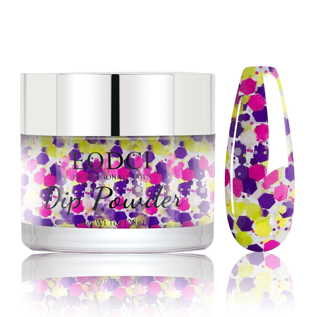 Dip Powder For Nails - Purple Pink Lime Green Hexagon Sequins - No Lamp Curing - Long Lasting Colors - Nail Art Starter Manicure DIY At Home - 1oz