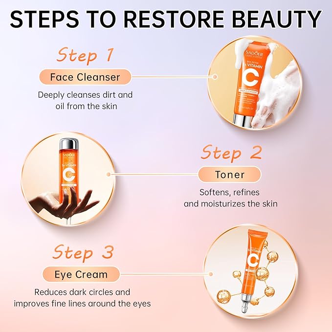 Vitamin C Skincare Set, 6-In-1 Skincare Gift Set With Facial Cleanser, Toner, Eye Cream, Serum, Lotion & Face Cream, Moisturizing Face Skin Care Kit for Anti-Aging, Anti-Wrinkle