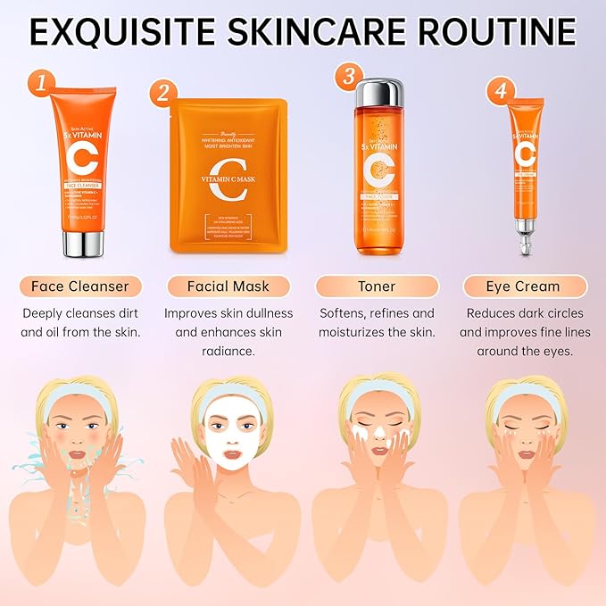 Vitamin C Skincare Set for Teenage Girls, 11-Piece Glow Kit with Facial Cleanser, Toner, Eye Cream, Serum, Lotion, Face Cream & Sheet Masks, Anti-Aging Skin Care Kit for Firming & Moisturizing