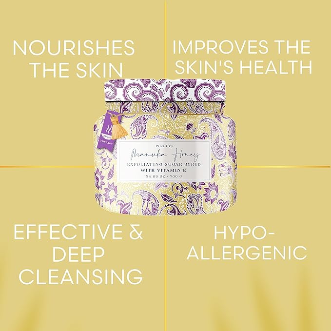 Pink Sky Exfoliating Body Scrub - Ultra Gentle Sugar Scrub for Smooth Skin - Premium Body Scrubs for Radiant, Soft Skin - Ideal Exfoliator for All Skin Types - 700g (Manuka Honey, 24.69 Oz)
