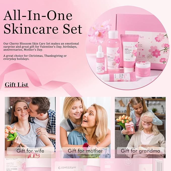 Cherry Blossom Skin Care Kit - Skincare for Girls 10-12 - Hydrating Travel Essentials - Travel Kit with Face Wash, Essence, Toner, Cream & Eye-cream - Skin Care Sets & Kits Gift Set for Women