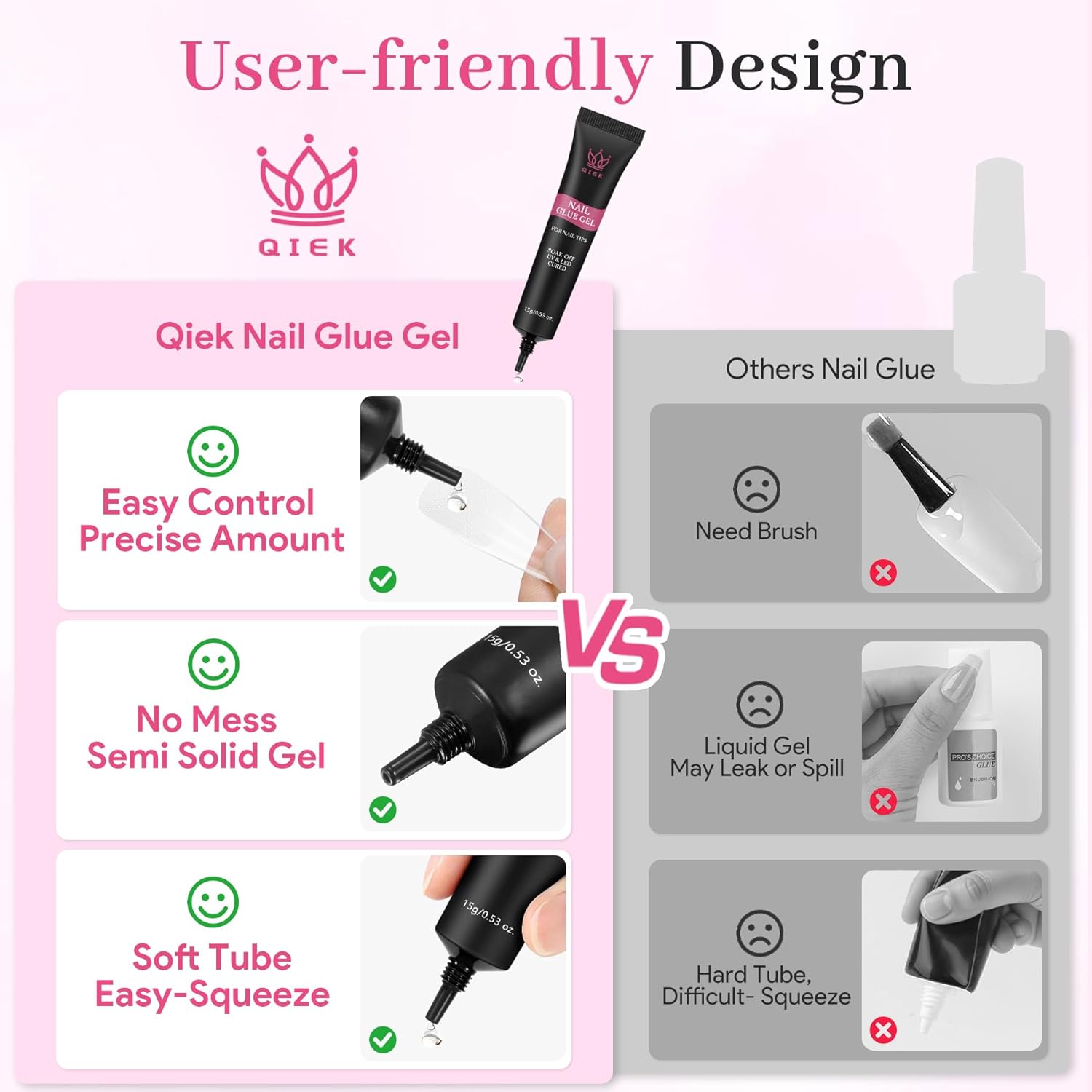 Nail Tips Gel Glue 15g - Lamp Curing Solid Nail Glue for False Acrylic Nails, Crystal Clear Long Lasting 28 Days No Yellowing Salon Quality DIY Home Beginner-Friendly