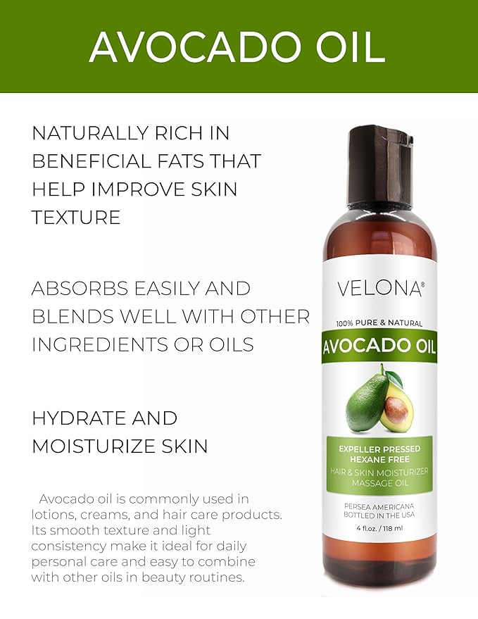 velona Avocado Oil 4 Fl Oz | 100% Pure and Natural Carrier Oil | Expeller-Pressed | Hair, Body and Skin Care | Use Today - Enjoy Results