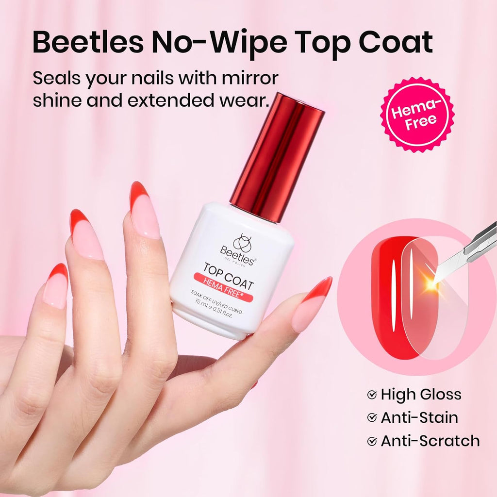 Beetles 15ml Gel Base and Top Coat Set HEMA Free, TPO Free Top Coat Gel Nail Polish & Base Clear Glossy Long Lasting No Wipe Soak Off Upgraded Safe Low-Sensitivity, No More Damaged Gifts for Women