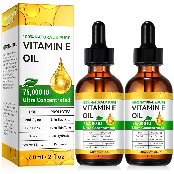 2Pack Vitamin E Oil, 75,000 IU - Scar Repair, Hydrates & Promotes Skin Elasticity, 2 Fl Oz for Face & Body, Natural Solution for Wrinkles, Stretch Marks, and Even Tone
