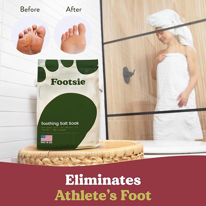 Footsie Soothing Tea Tree Oil Epsom Salt Soak - for Calluses, Aches & Pain, Athlete's Foot - Made in USA - Soothes Cracked Heels, Flaky Skin - 100% Organic, Pedicure Spa Salt (Athlete's Foot & Odors)