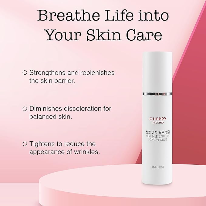 Cherry Fascino Wrinkle Capture O2 Ampoule - 1.7 oz. Anti-Aging Moisturizing Skin Care with Hyaluronic Acid and Ceramides for Dry, Dull Skin - Korean Skin Care Products for Daily Use