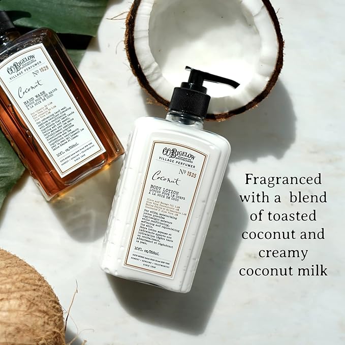 C.O. Bigelow Apothecary Duo, Coconut Body Care Gift Box with Body Soap & Lotion, Gift Set of Two - Moisturizing Lotion & Liquid Body Wash for Dry Skin - 10fl oz Each
