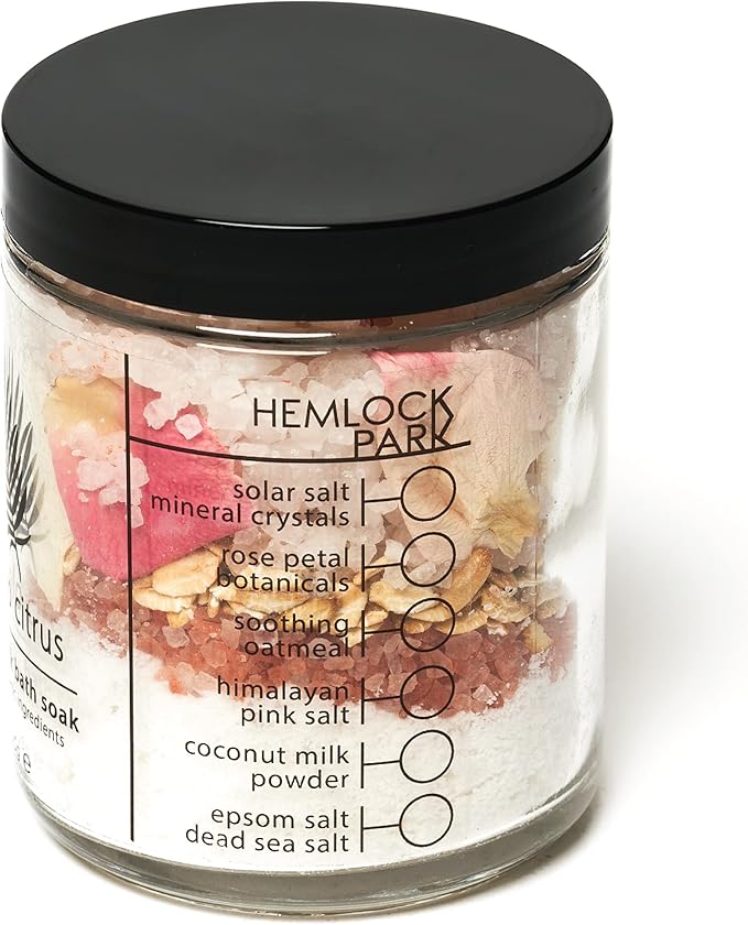 Hemlock Park Coconut Milk Bath Soak | Organic Coconut Milk, Botanicals, Dead Sea Salt, Epsom Salt, and Himalayan Pink Mineral Salt | 9.5 oz Jar (9.5 oz, Pomelo Citrus)
