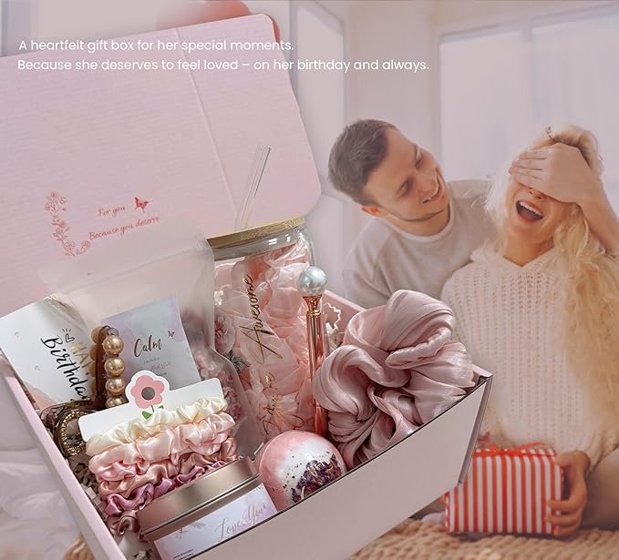 Birthday Gift Box for Women – Rose Gold Pink Aesthetic Gifts for Her – Self Care Relaxation Package for Wife, Girlfriend, Sister, Best Friend – Unique Spa Gift Idea (gold)