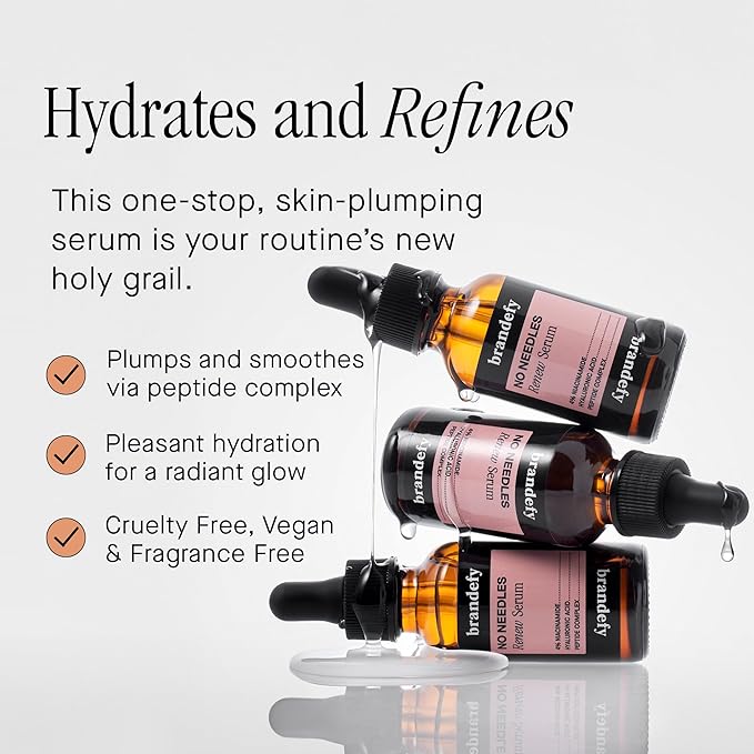 Brandefy No Needles - Niacinamide Serum, Peptides and Hyaluronic Acid. Hydrating & Plumping Serum for Bright, Smooth, Firm & Dewy Skin, 1oz, Made In The US