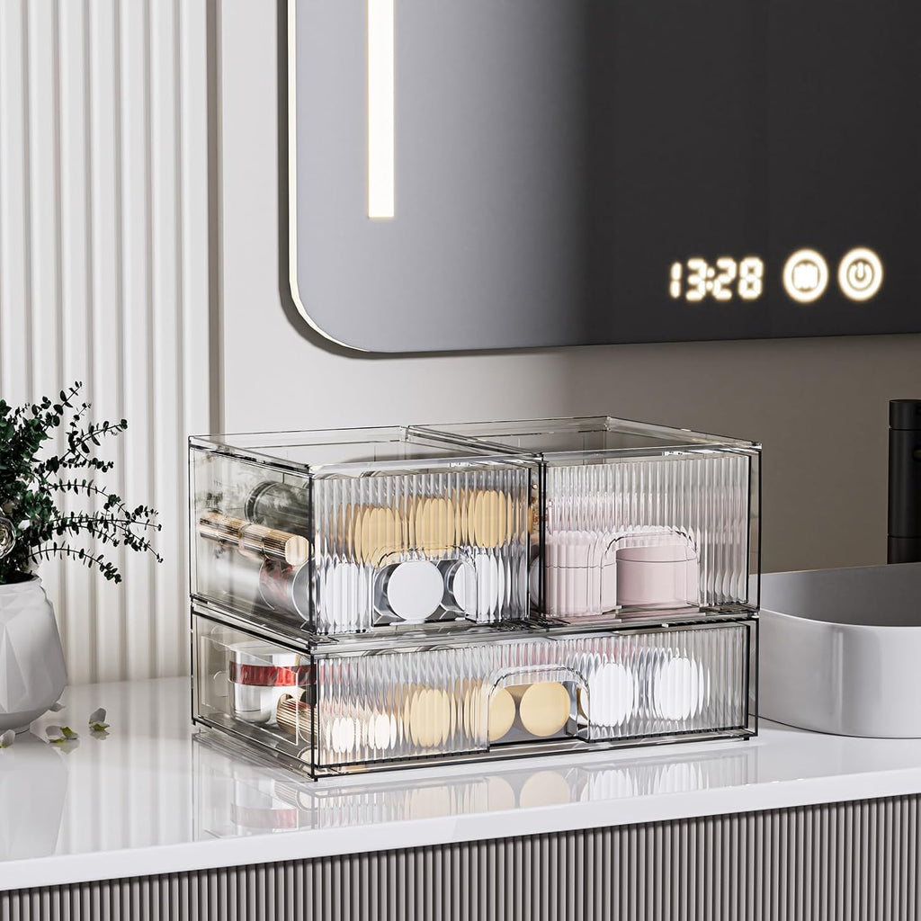 ZHIAI 3 Pack Clear Stackable Cosmetic Organizer with Acrylic Drawers for Cosmetics and Small Items for Dresser, Vanity, Kitchen Cabinet, Pantry, Home Organization and Storage
