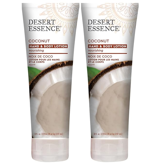 Desert Essence Coconut Hand & Body Lotion Nourishing Organic Coconut Oil, Hibiscus Flower Extract & Jojoba Oil - Softens & Moisturizes Skin - Vegan, Cruelty-Free, Sulfate-Free - 8oz (Pack of 2)