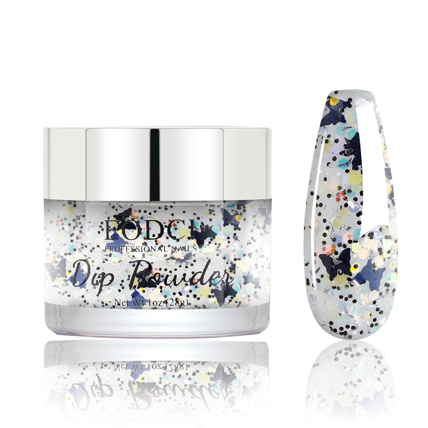 Nail Dip Powder Colors, Butterfly Glitter Silver - DIY Nail Art Starter Kit - No Lamp Needed - 1 oz