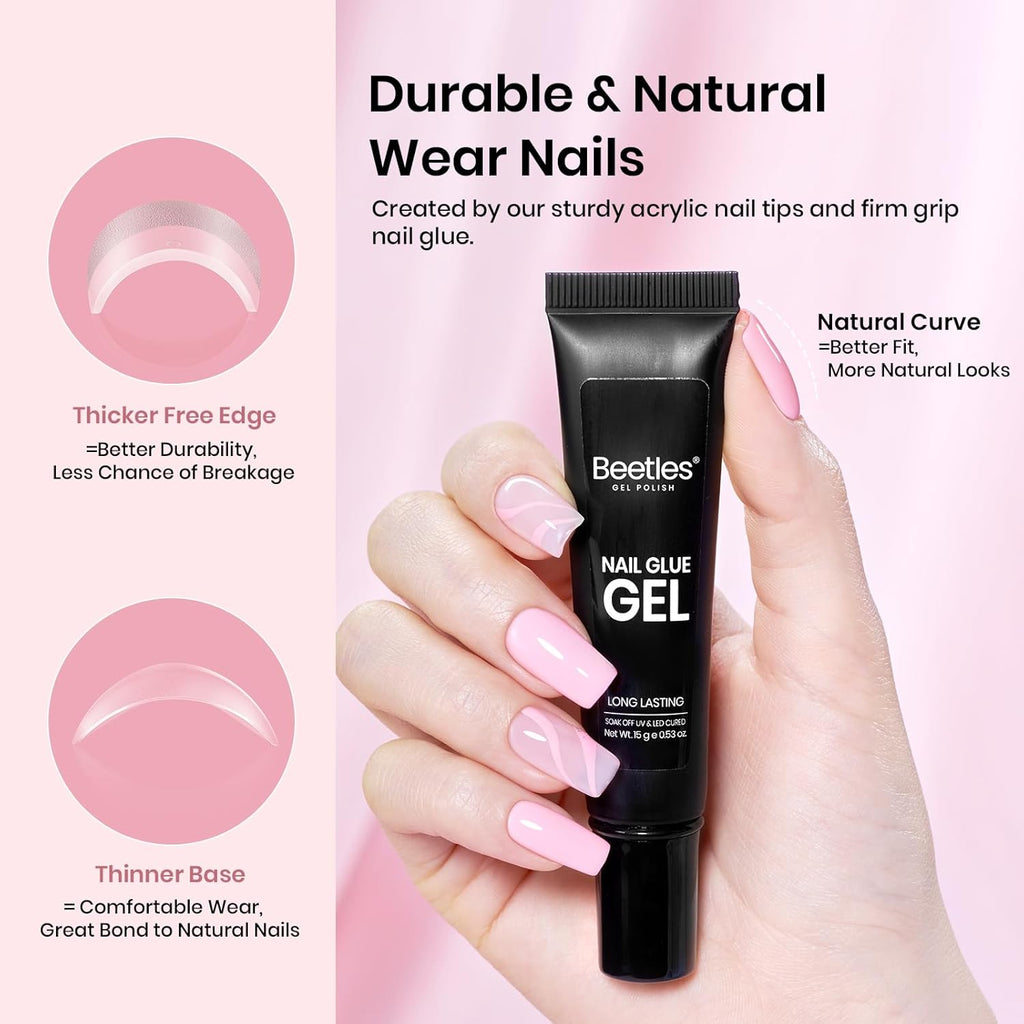 Beetles Gel Nail Kit Short Square with Nail Dehydrator and Primer, 576Pcs Half Matte Etch-X Gel Nail Tips Solid Nail Glue Mini Nail Lamp Acrylic Nail Tips Easy DIY Nail Extension Set Gift for Women