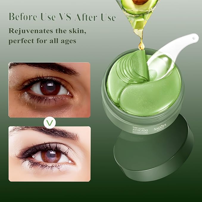 Under Eye Mask - 60 PCS Under Eye Patches, Hydrating Eye Gel Pads for Puffy Eyes, Dark Circles, Eye Bags, Puffiness, Fine Lines and Wrinkles with Pure Natural Extracts Undereye Jelly Mask (Avocado)