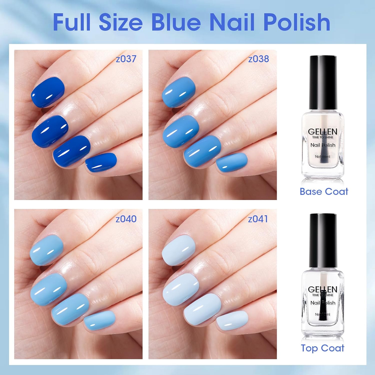 Gellen Blue Nail Polish & Clear Base Top Coat Nail Polish, Quick Air Dry Natural Regular Nails Polish Bright Baby Cobalt Ocean Blue 6pcs Set for Acrylic Natural Nails Home Salon, Non UV Gel, Hema Free