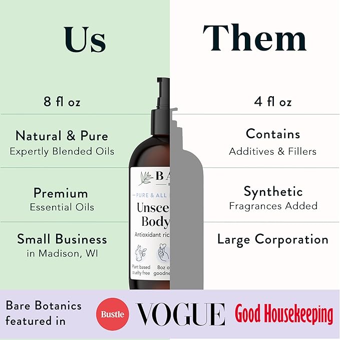 BARE BOTANICS 8 oz Moisturizing Unscented Body Oil - 100% Pure & Natural for Skin & Nails - Perfect for Moisturization - Vegan, Cruelty Free & Naturally Scented Hair Oil