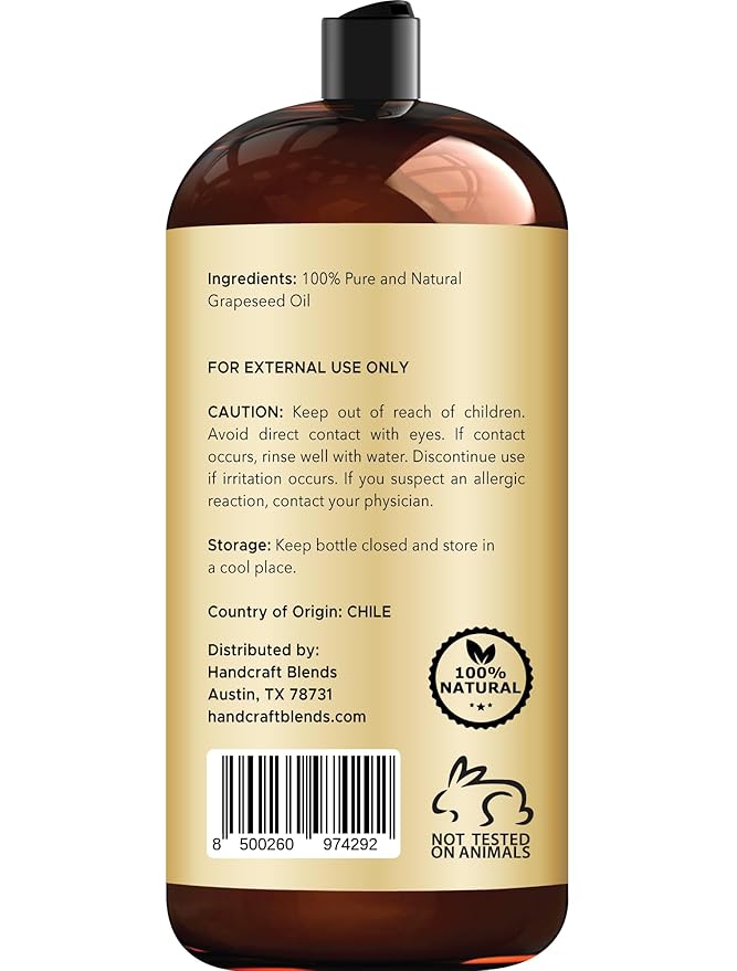 Handcraft Blends Grapeseed Oil - Cold-Pressed 28 Fl Oz - 100% Pure and Natural - Premium Grade Carrier Oil for Skin and Hair - Hair and Body - Massage - Hexane-Free