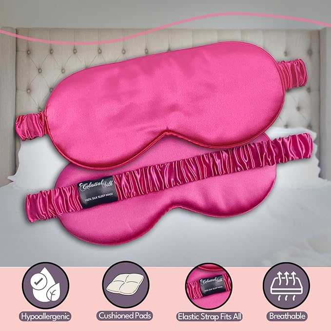 CELESTIAL SILK 100% Silk Sleep Mask for Women with Silk Covered Elastic Strap, Eye Mask for Sleeping (One Size, Hot Pink)