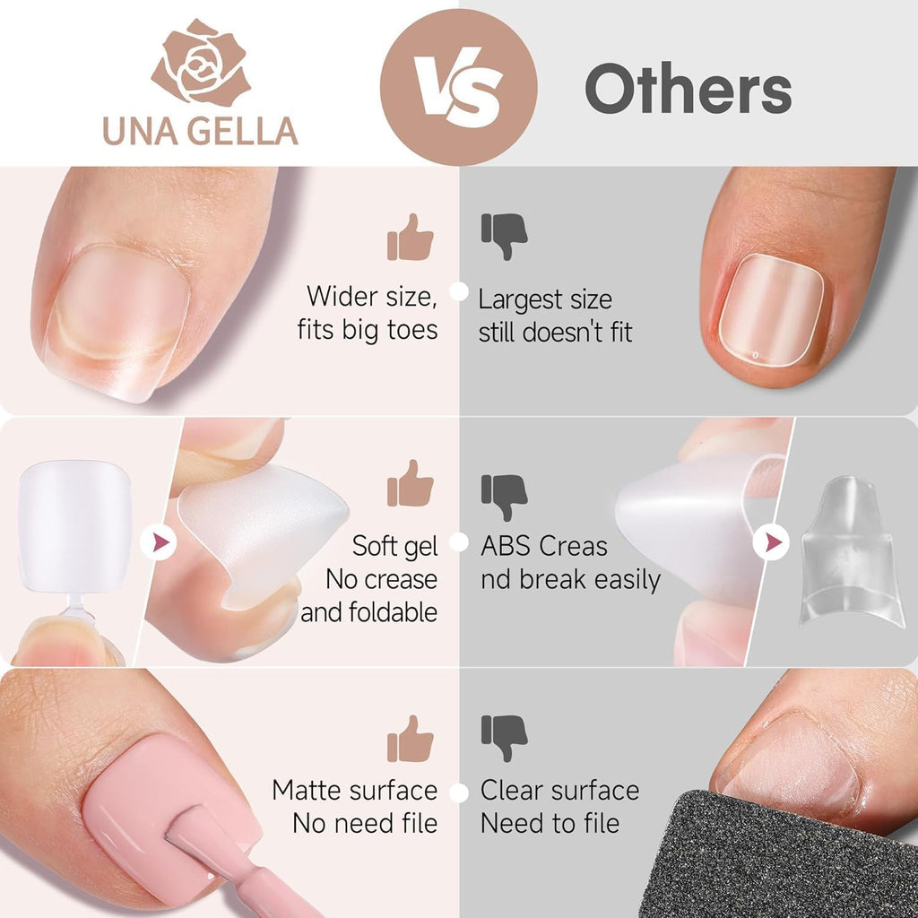 UNA GELLA Toe Nail Tips 504Pcs - Full Cover Matte Squavol Toe Nails Soft Gel Pre-file Gel Toe Nail Tips For Toe Nail Extensions Home DIY Nail Salon Soak Off 15 Sizes