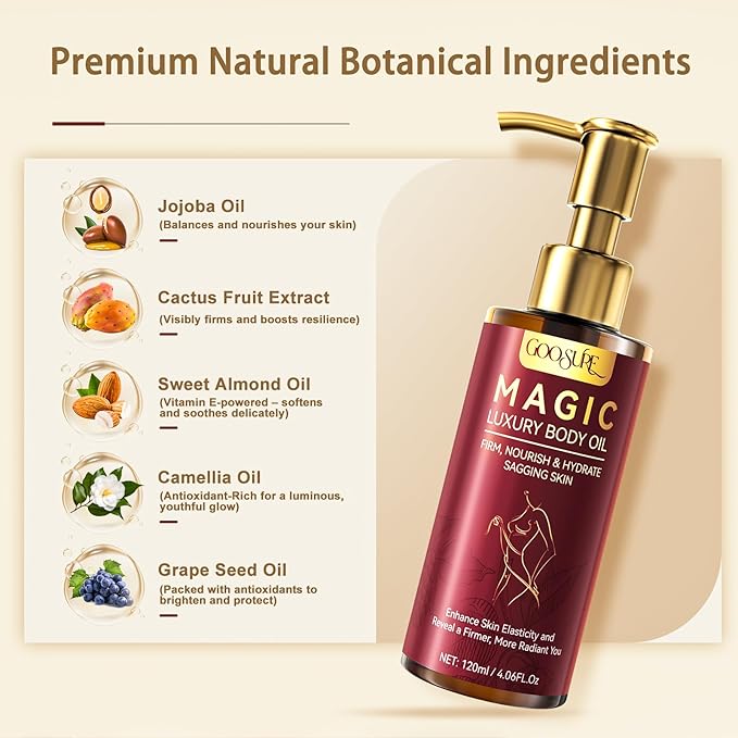 Magic Body Firming Oil, 4.06 FL OZ, Natural Botanicals Firming O il for Women, Fast-Absorbing with Cactus Extract & Camellia Oil, Vitamin E, Targets Abdomen/Thighs